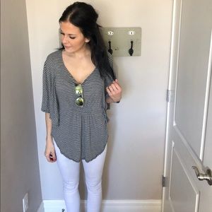 Black and grey striped butterfly scoop neck shirt